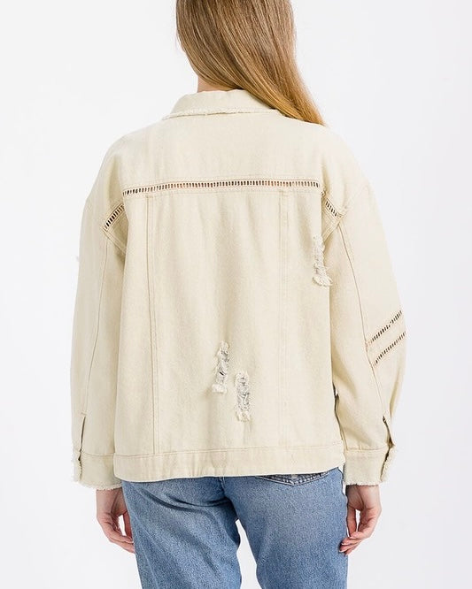 Light Cream Khaki Distressed Button Down Lattice Detailed Long Sleeve Jacket