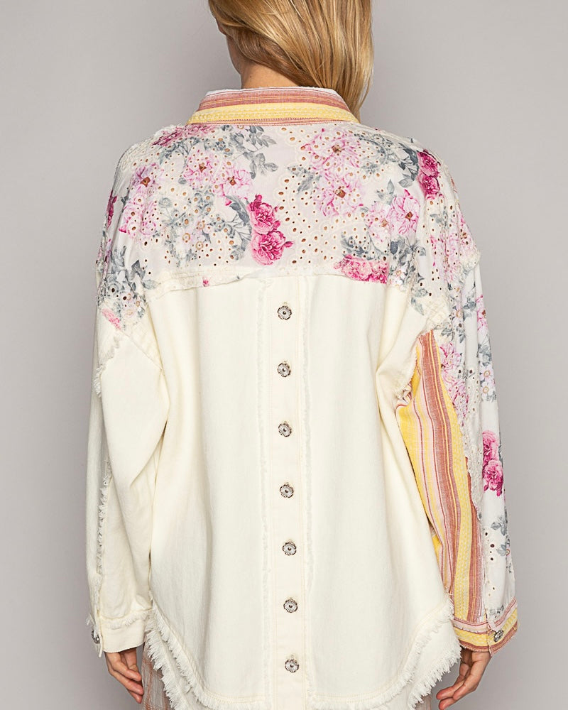 Cream Yellow Red Stripe Floral Mix Print Long Sleeve Light Denim Button Jacket