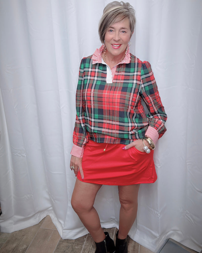 Red, White & Black Plaid Long Sleeve Contrast Stripe Ruffle Neck Blouse Top