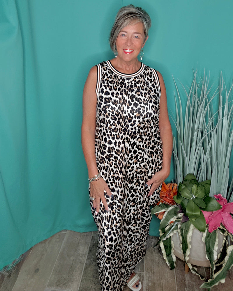 Black & Cream Leopard Animal Print Sleeveless Maxi Dress