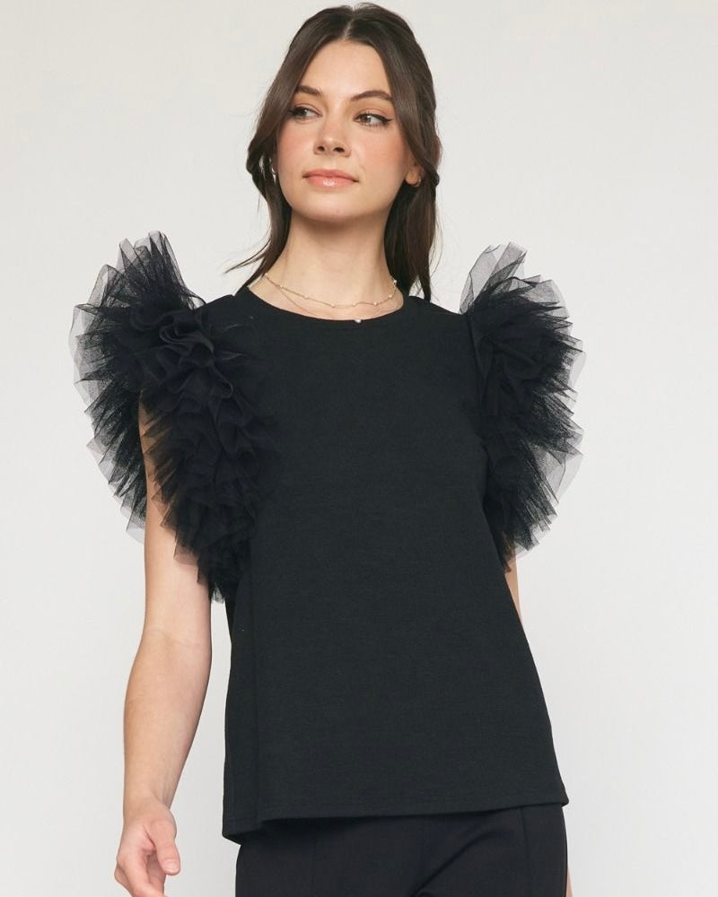 Black Top with Tulle Ruffle Cap Sleeves