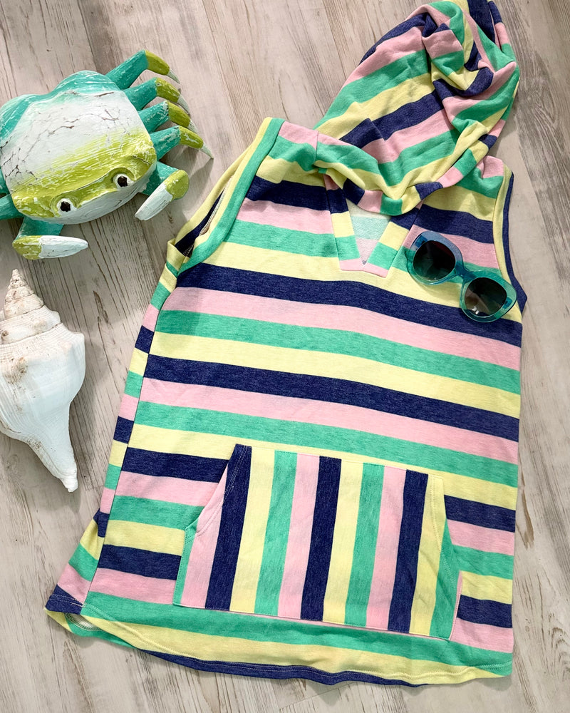 Rainbow Pastel Striped Sleeveless Tank Hi Lo T-Shirt Pocket Hooded Top