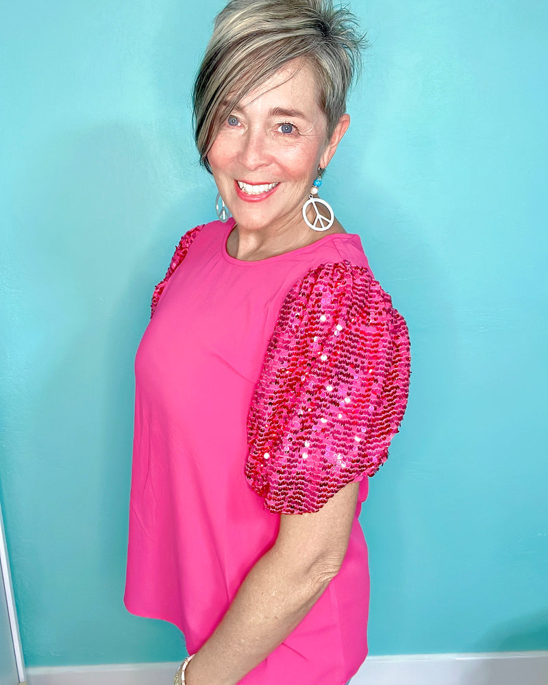 Hot Pink Round Neck Top with Short Bubble Puff Sequin Sleeves