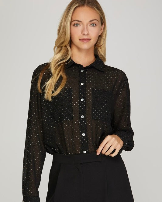 Semi Sheer Black Gold Studded Long Sleeve Button Down Top