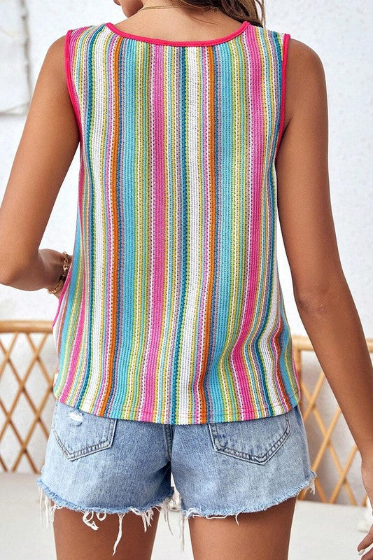Multicolor Rainbow Striped Eyelet Knit Fabric Button Shoulder Sleeveless Tank Top