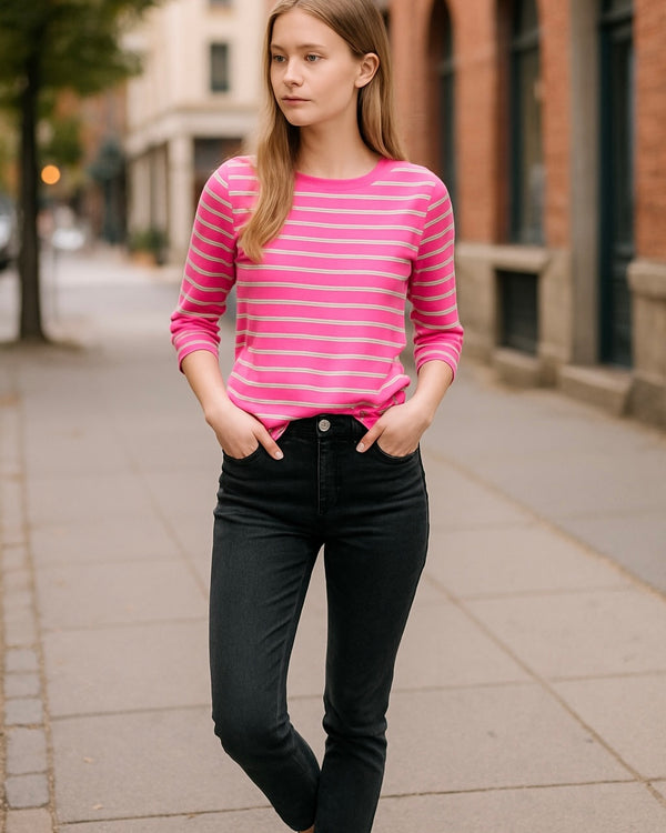 Pink w/Multicolor Stripe Textured Waffle Knit Long Sleeve Top
