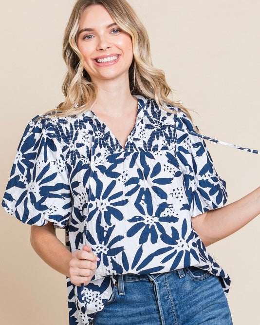 White & Navy Blue Flower Print Smocked Short Puff Sleeve Top