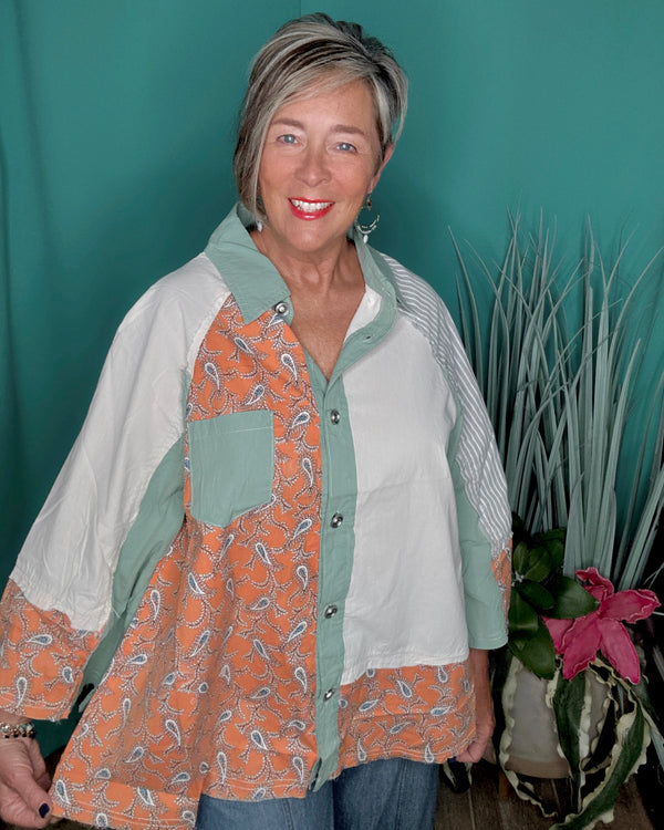 Cotton Boho Apricot Peach, Sage Green & Cream Mix Media Block Button Down 3/4 Wide Sleeve Collared Raglan Shoulder Fray Edge Oversize Top