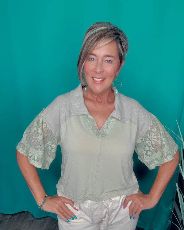 Pistachio Sage Green Ruffle Half Sleeve VNeck Collar Lace Crochet Mix Top