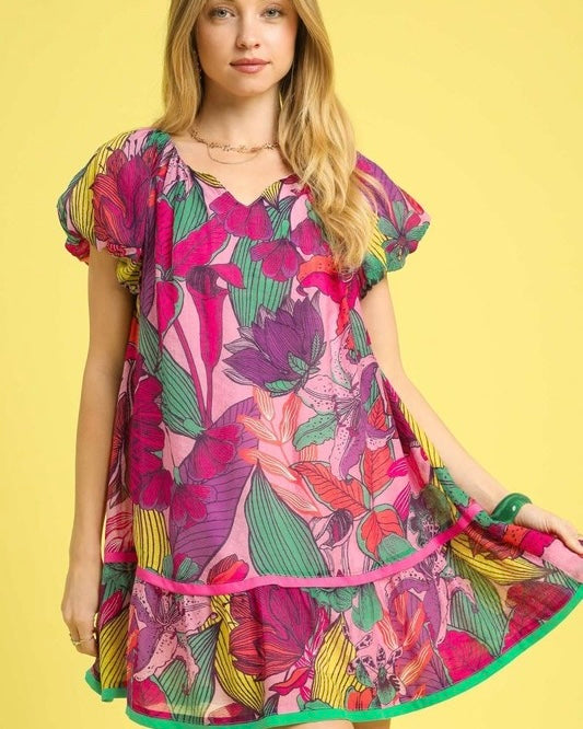 Bright Tropical Bloom Ruffle Short Puff Sleeve VNeck Dress