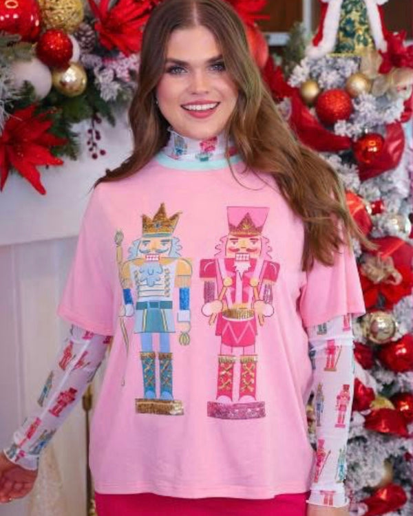 Pink Multicolor Nutcracker Season to Sparkle Short Sleeve Christmas Holiday Top