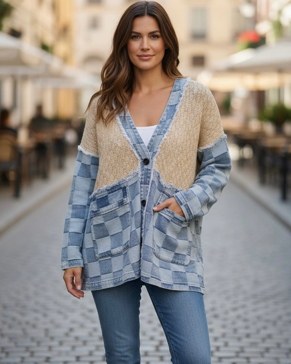 Plus Size Beige Chunky Cable Knit Sweater & Wash Checkered Denim Frayed Edge Long Sleeve Button Front Jacket