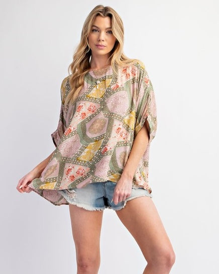 Sage Green Mix Patch Print Loose Fit Boxy Top