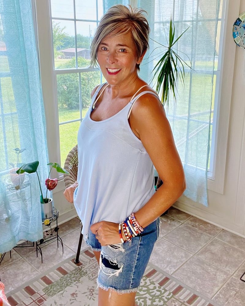 Blue Spaghetti Strap Ribbed Tank Top
