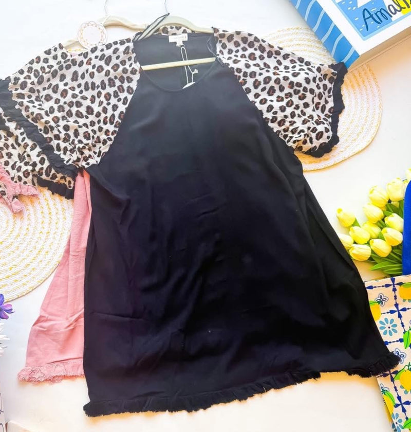 Blush Pink or Lilac 3/4 Double Ruffle Animal Leopard Trim Bell Sleeve Top