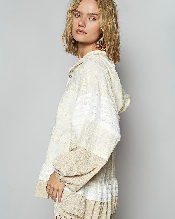 Cream & Khaki Embroidery Button Down Long Sleeve