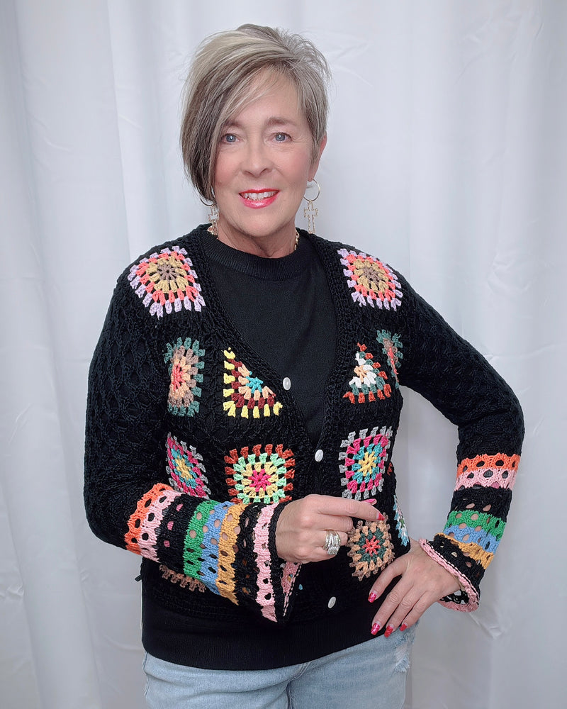 Black Multicolor Crochet Knit Long Sleeve Button Down Cardigan