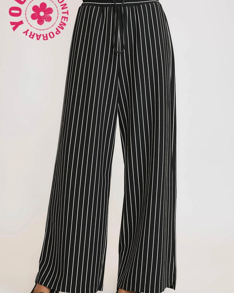 Brown, Gray or Black Stripe Pull On Elastic Waist Wide Straight Leg Pant