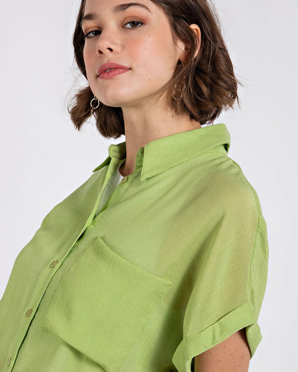 Plus Size Crinkled Oversized Lime Green Button Down Short Rolled Sleeve Collared Tunic Top