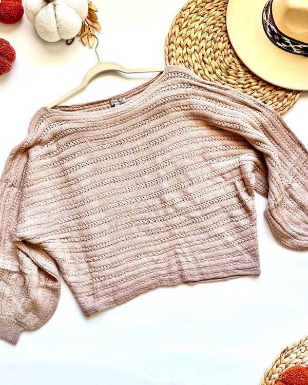 Tan Light Brown Beige Dolman Sleeve Stripe Pattern Knit Sweater Top