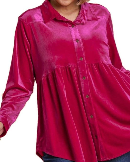 Raspberry Pink or Teal Blue Velvet Button Down Party Formal Tunic Top