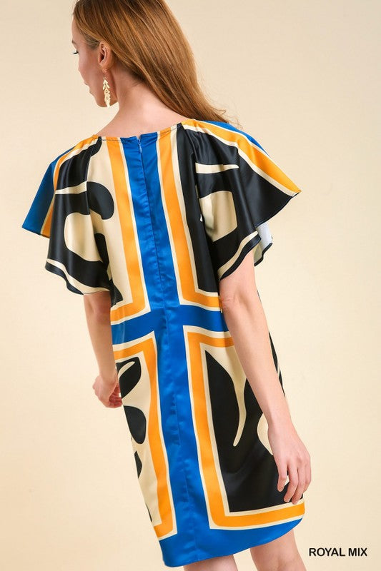 Cream, Gold, Blue & Black Abstract Satin Fabric Round Neck Short Ruffle Sleeve Dress