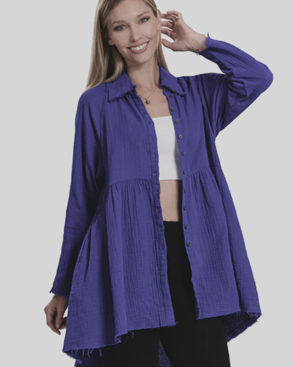 Solid Blue, Magenta or Black Mineral Wash Cotton Gauze Button Down Long Sleeve Tunic Hi/Lo Top