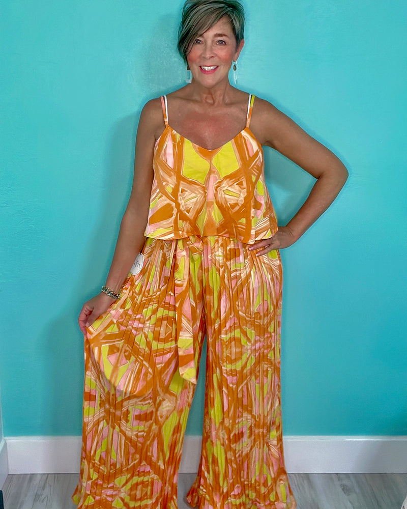 Stunning Orange & Green 2 pc Set with Pleated Palazzo Wide Leg Pants and Tank Top