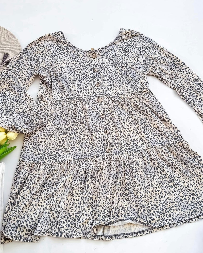 Cheetah Leopard Print Long Sleeve Button Neck Long Sleeve Swing Dress