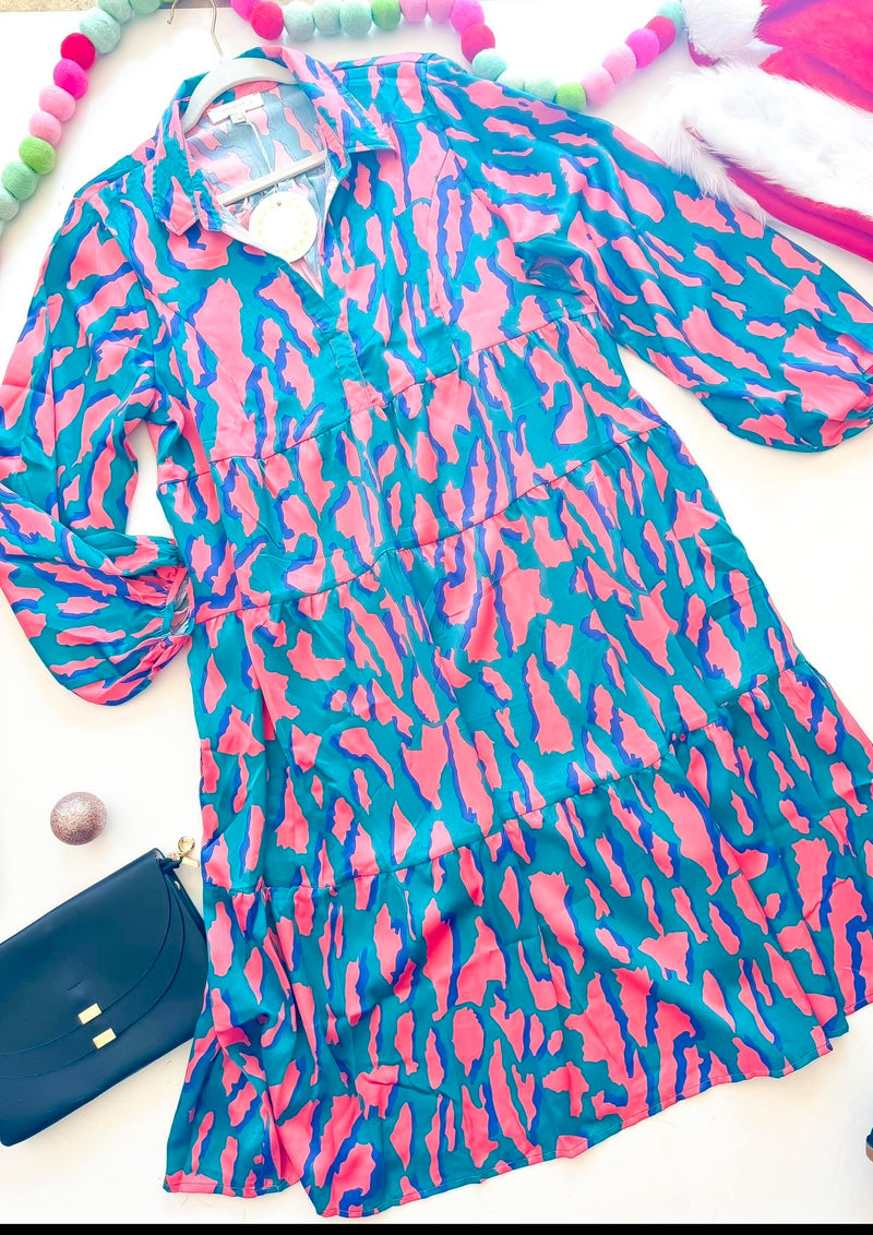 Pink, Blue & Teal Satin Animal Leopard Print 3/4 Sleeve Collared Midi Dress