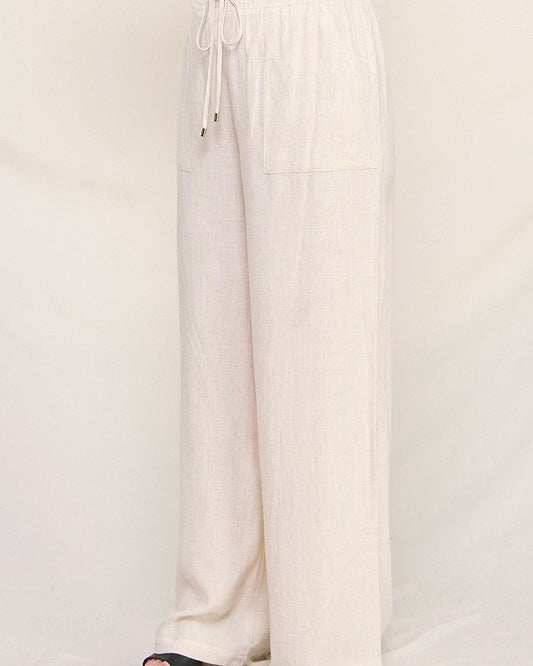 Natural Cream Plus Size Elastic Waist Wide Leg Linen Pant