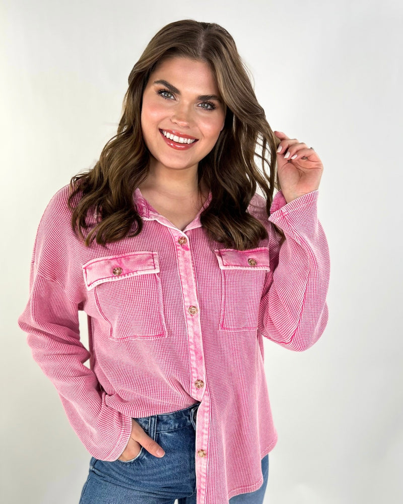 Plus size Pink Waffle Button Down Shacket