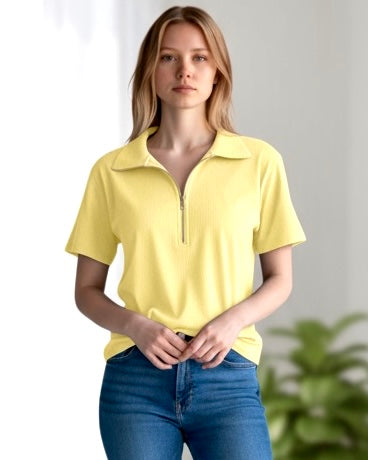 Super Soft Mint Green Zip Neck Short Sleeve Pullover Velour Velvet Top