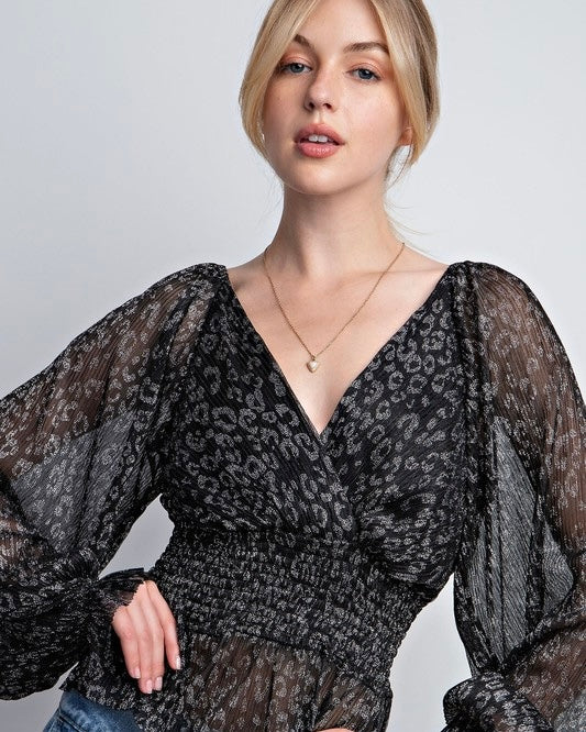Black Pleated Shiny Peplum Long Sleeve Elastic Neckline