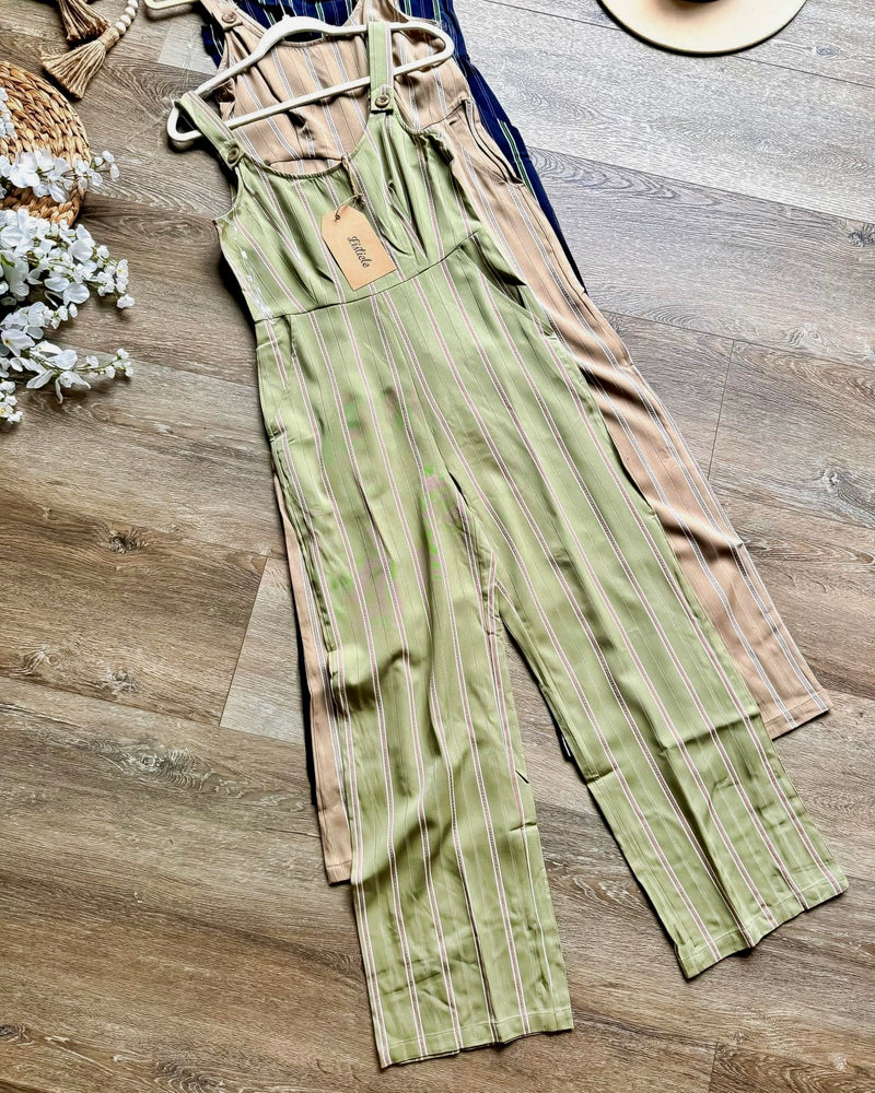 Olive Sage Green Striped Coverall Style Button Strap Sleeveless Pant Jumpsuit