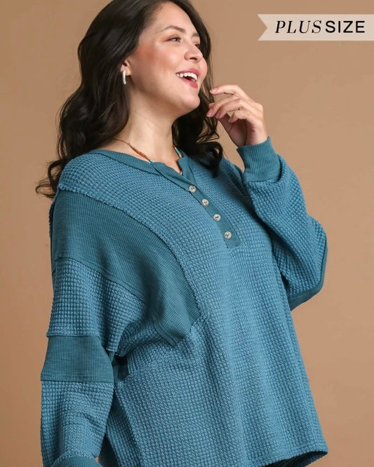 Teal Blue Waffle Mix  Button Neck Long Sleeve Top