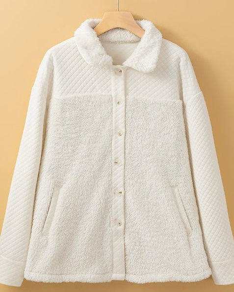 White Quilted Sherpa Patchwork Button Up Shacket