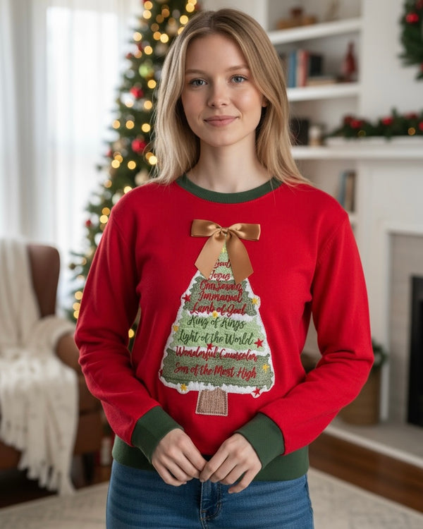 Christmas Holiday Red or White w/Green Trim "Savior" Christmas Tree Long Sleeve Sweatshirt Top