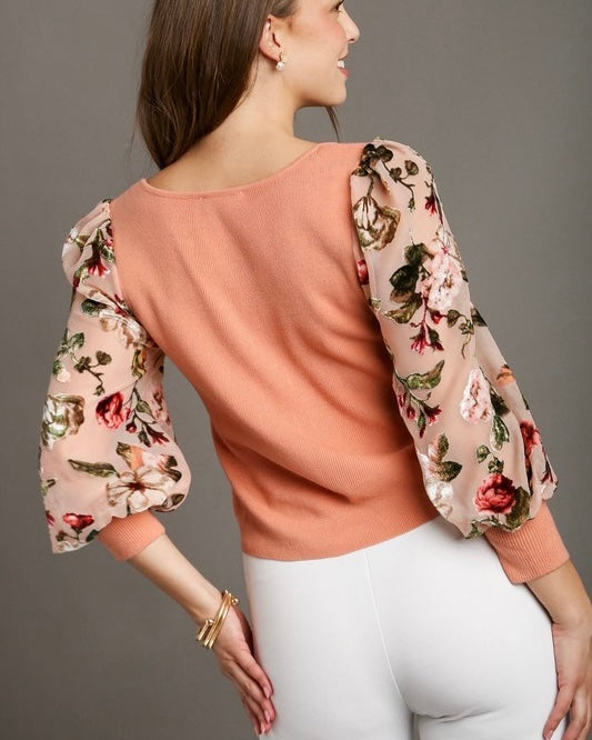 Apricot Square Neck Ribbed w/Floral Velvet Burnout Balloon Sleeve Top