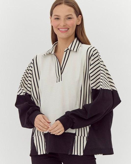 Blue & Navy Blue Color Block Striped Loose Fit Long Sleeve Open Neck Top