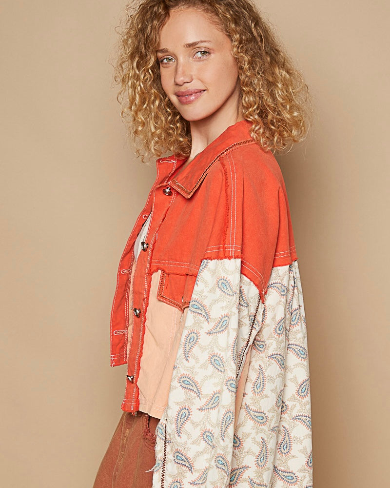 Cotton Orange Coral Mix Media Boho Button Down Long Sleeve Crop Hi Lo Jacket
