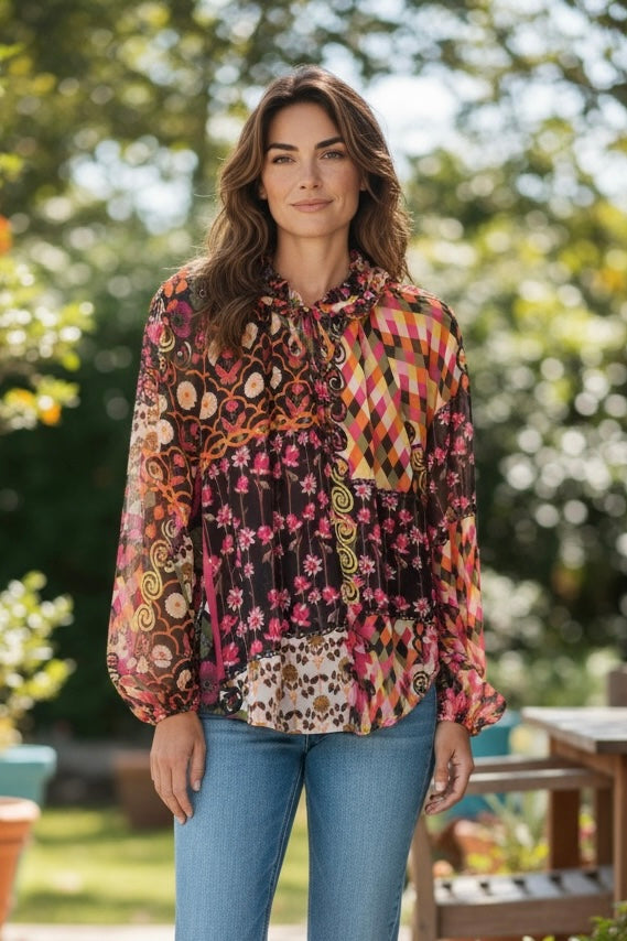 Olive Multicolor Mix Media Boho Floral Print Peasant Long Sleeve Top