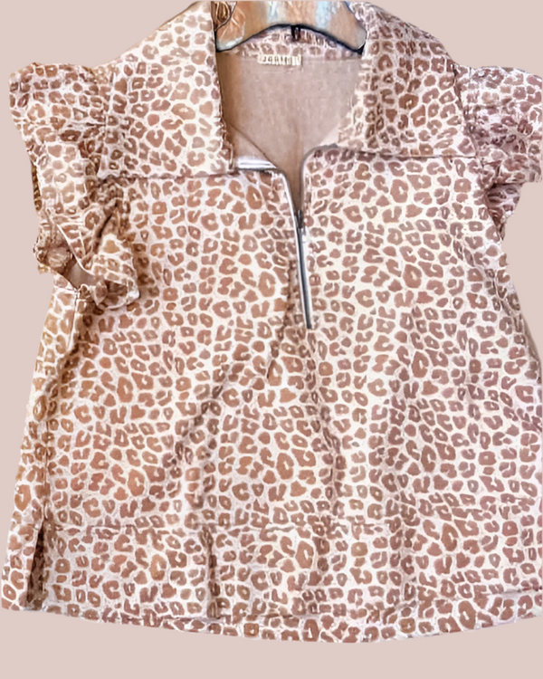 Brown Leopard Zip Front Short Ruffle Cap Sleeve Top