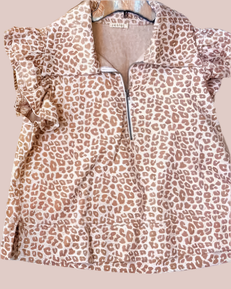 Brown Leopard Zip Front Short Ruffle Cap Sleeve Top