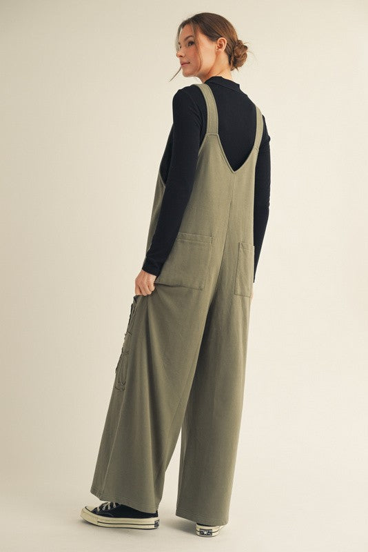 Solid Color Raw Edge Floral Patch Wide Leg Sleeveless Overalls