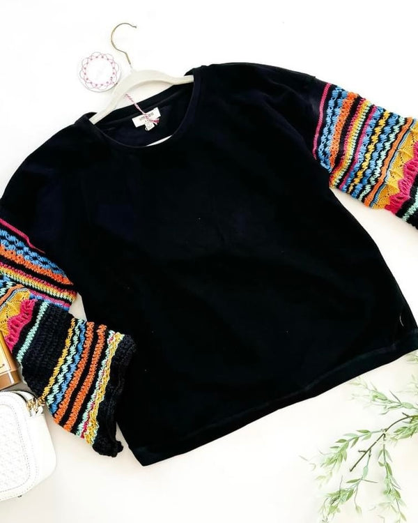 Black Textured Top with Long Multicolor Crochet Flare Sleeves