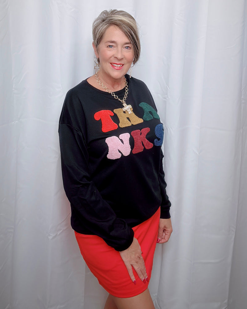 Black Multicolor Chenille Patch “Thanks” Long Sleeve Sweatshirt Top