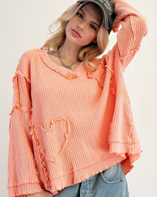 Peach Orange Mist Mineral Wash Heart Patch Ribbed Knit Long Sleeve Pullover Top
