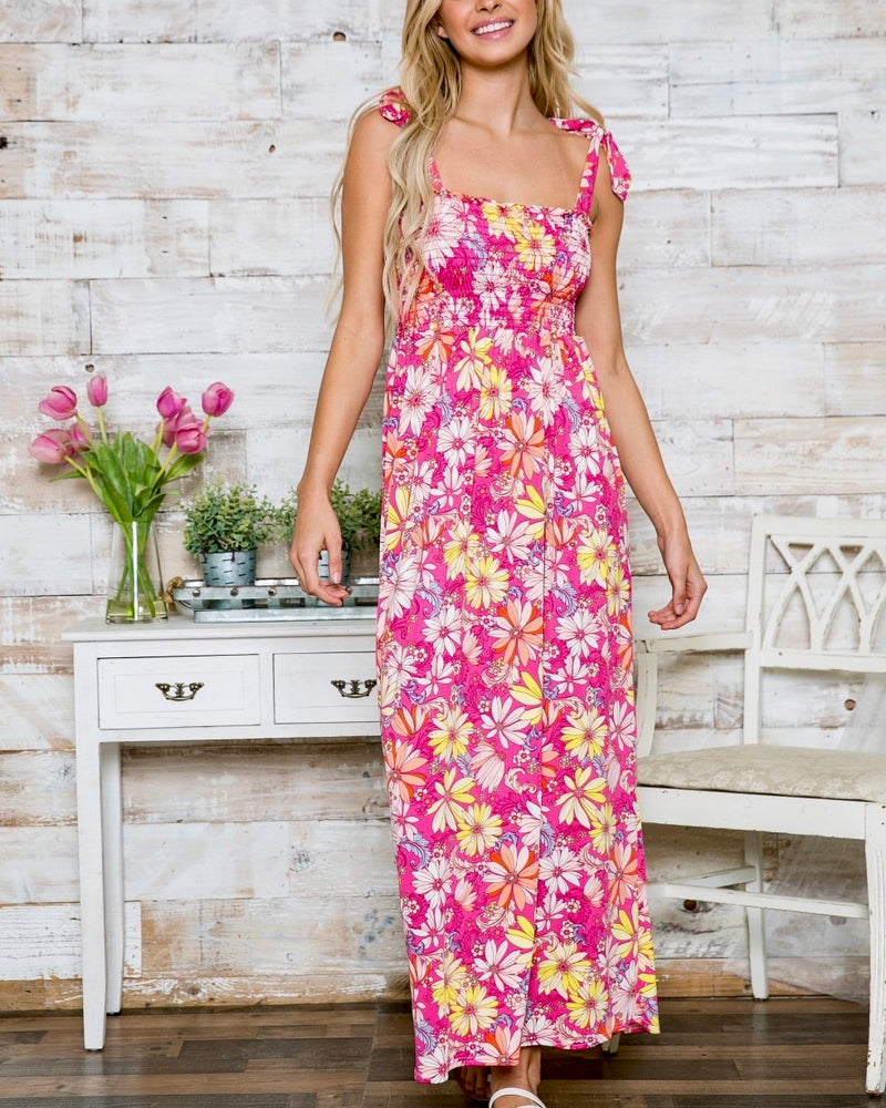 Regular & Curvy Plus Size Pink with Orange & Yellow Daisy Flower Print Sleeveless Tie Shoulder Strap Maxi Dress