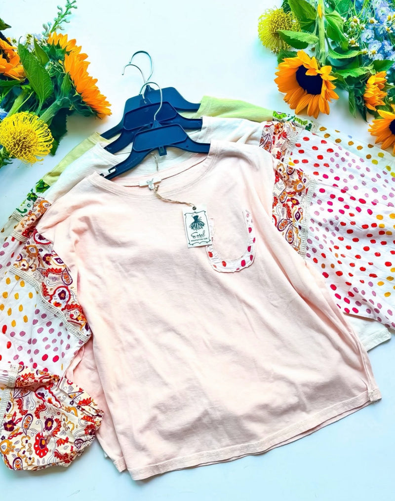 Cream, Peach or Yellow Cotton Outside Stitch Dot/Floral Jersey Top w/Mix Print Puff Long Sleeve